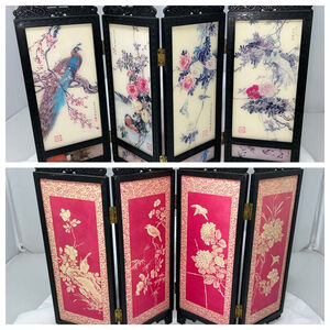 Vtg Mini Asian 4 Panel Folding Table Top Screen Divider Peacock Cherry Blossoms